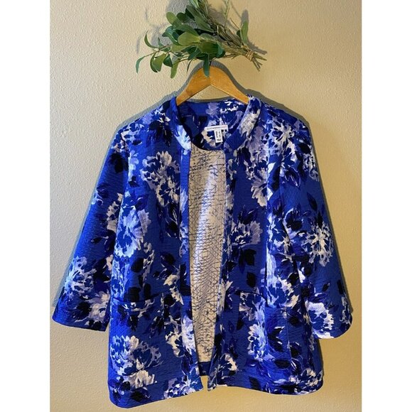 Isaac Mizrahi Live Open Front Cardigan Jacket Large Blue Floral Quilted 3/4 Slv - Picture 1 of 8
